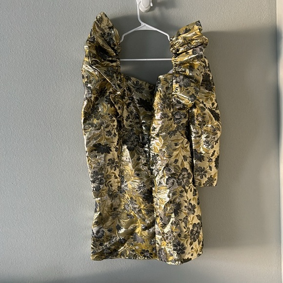 Sister Jane Gold & Silver Floral Puff Sleeve Statement Mini Dress - Picture 2 of 4